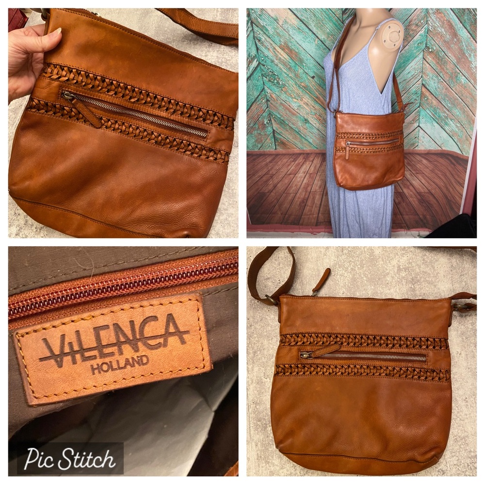 Vilenca Holland Distressed Woven Oversized Leather Crossbody Bag Cognac TK178